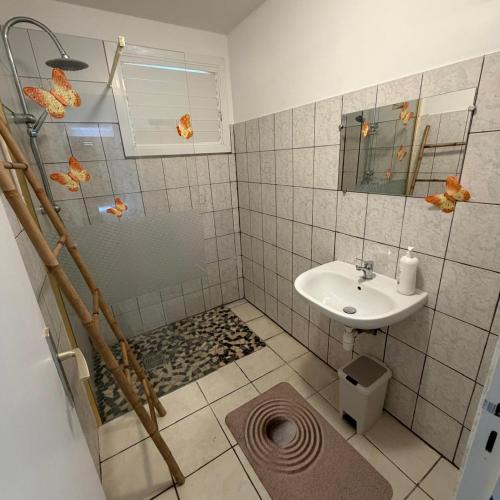 a bathroom with a shower and a sink at Villa Floru in Le Carbet