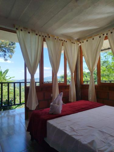 a bedroom with a bed with curtains and a view at Cabañas orquídea in Norcasia