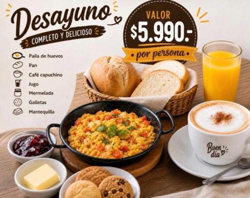 a breakfast of eggs and bread and a cup of coffee at Casa Withe opción jacuzzi estadía villa alemana in Villa Alemana