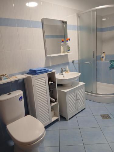 a bathroom with a toilet and a sink and a shower at Gita in Omišalj