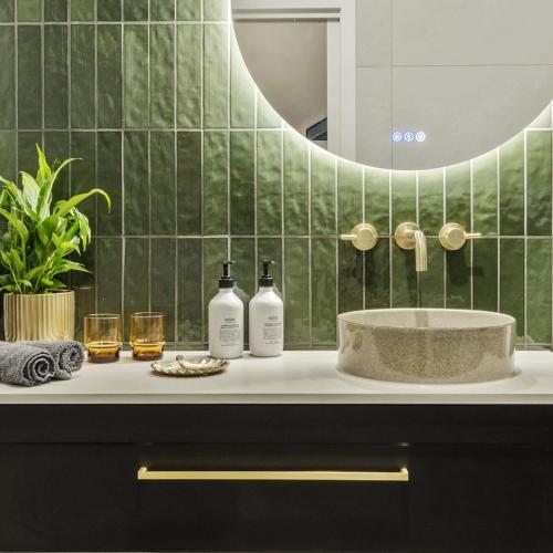 a bathroom with a sink and two bottles on a counter at The Sett in Sassafras