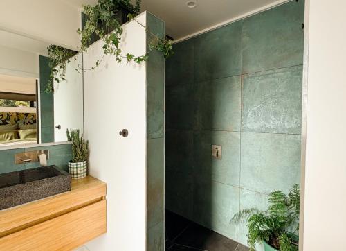 a bathroom with a green wall and a sink at The Highland - Sunset Ridge in Ruatapu