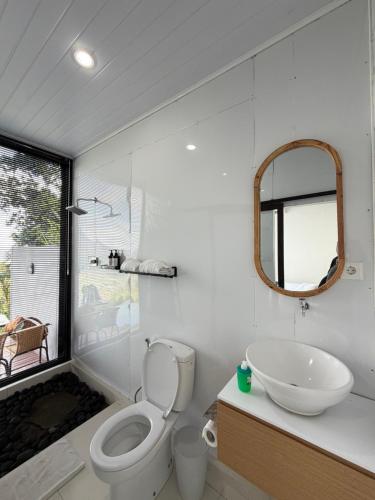 ein Badezimmer mit Waschbecken, Toilette und Spiegel in der Unterkunft Pinggan Infinity - Private Pool Villa in Kintamani in Gretek