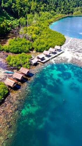 an aerial view of a island in the water at Mangrove Reef Guest House in Airborei