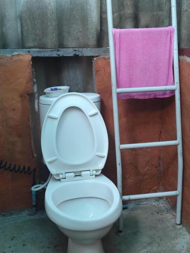 a toilet with a pink towel next to a ladder at Slove U House in Khon Kaen