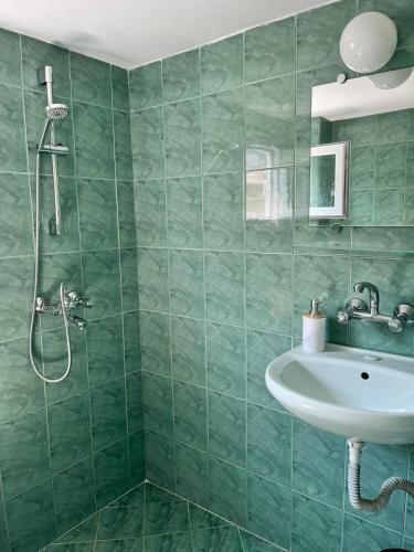 a green bathroom with a sink and a shower at Kъща за гости Христина in Lozenets