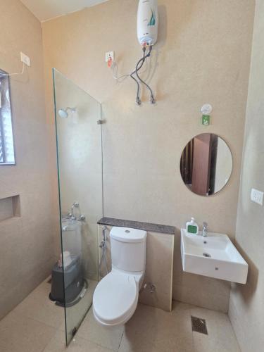 a bathroom with a toilet and a sink and a mirror at Aqua blue bay villa in Covelong