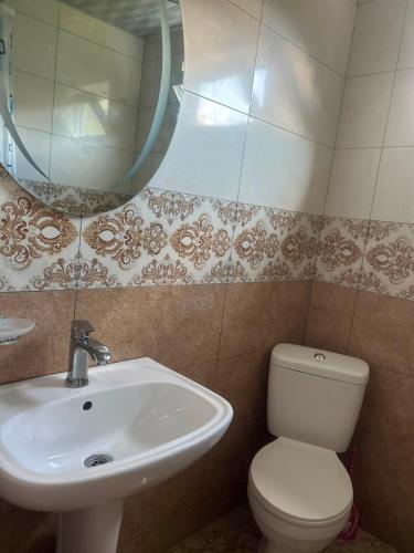 a bathroom with a sink and a toilet and a mirror at Jafaridzeebtan in Oni
