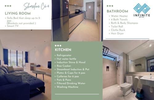 a collage of photos of a kitchen and a living room at Roxy Sematan Beach Apartment 2BR or Studio in Sematan