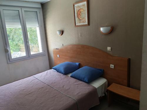 a bedroom with two beds with blue pillows at Hotel Le Bois Des Espeisses in Nîmes
