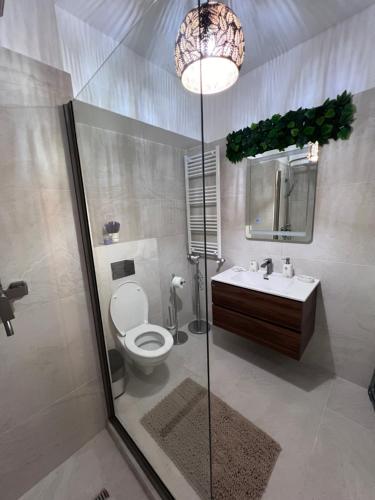 a bathroom with a toilet and a sink and a chandelier at Emmaia Escape Eforie Nord in Eforie Nord