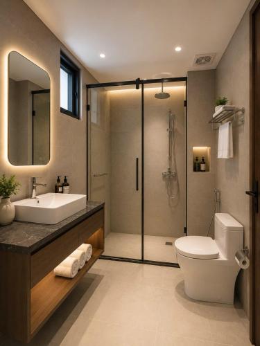 a bathroom with a toilet and a sink and a shower at Minerva Prestige Hotel in Hanoi