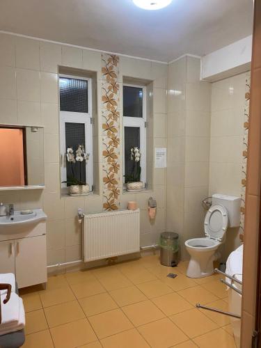 a bathroom with a toilet and a sink and two windows at DATIVO HOUSE in Mamaia Sat/Năvodari