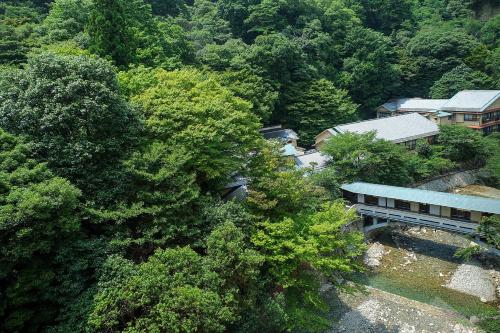 an overhead view of a building in the middle of a forest at Arima Onsen Gekkoen Korokan in Kobe