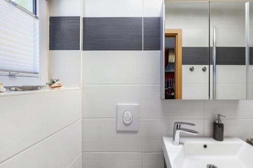 a bathroom with a sink and a mirror at Ferienwohnung Elbtalblick in Weinböhla