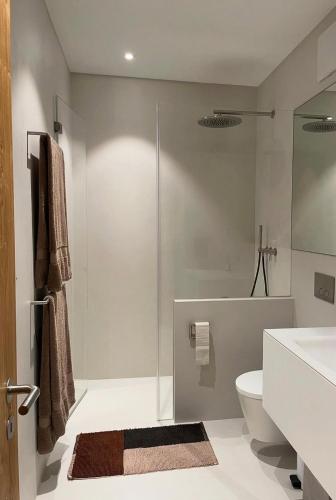 a bathroom with a shower and a toilet and a sink at Casa Rok in Flims