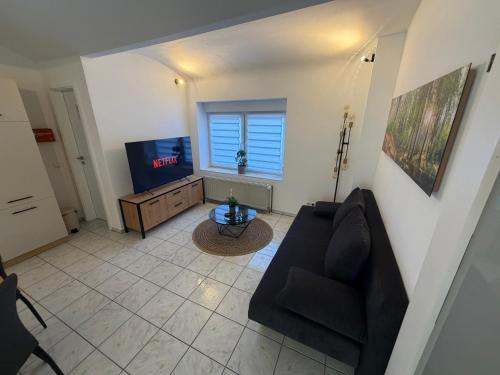 a living room with a couch and a tv at Auszeit am Brunnen in Mendig