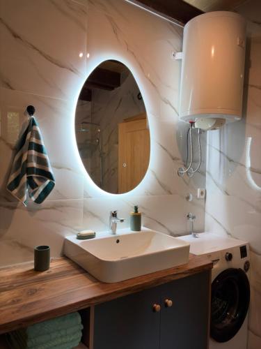 ein Badezimmer mit Waschbecken und Spiegel in der Unterkunft Chalet SOFI in Šavnik
