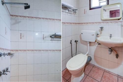 two pictures of a bathroom with a toilet and a sink at Super Collection O MG Road in Cochin