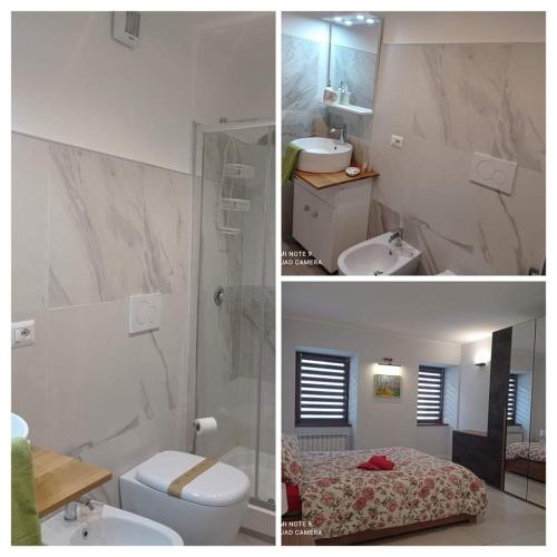 two pictures of a bathroom with a sink and a toilet at Sweet Home in Tolmezzo