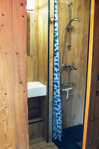 a bathroom with a shower and a sink at Villa des Familles La Bourboule in La Bourboule
