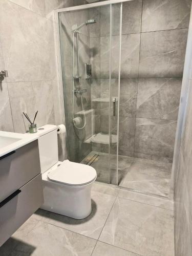 a bathroom with a shower and a toilet and a sink at Sakų Apartamentai in Varėna