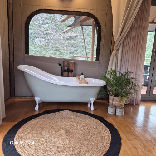 a bath tub in a bathroom with a large window at Ontevreden Farm in Montagu