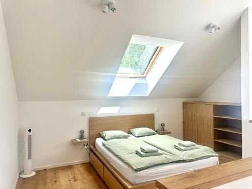 a bedroom with a bed with a skylight at Sitara's Chalet in Bled