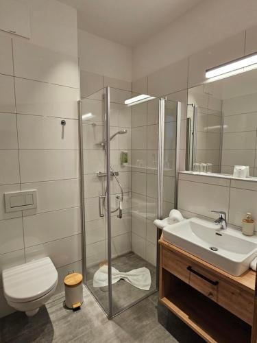 a bathroom with a shower and a toilet and a sink at Packerhöhe in Pack