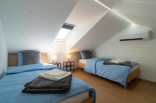 a attic bedroom with two beds and a window at Vila Trta in Moravske-Toplice