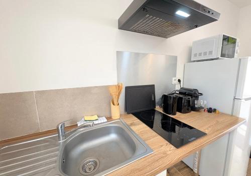 a kitchen with a sink and a refrigerator at Studio Cosy Pont-Saint-Maxence in Pont-Sainte-Maxence