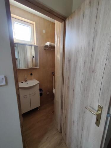 a bathroom with a sink and a toilet and a mirror at LŰN Apartman in Dunaföldvár