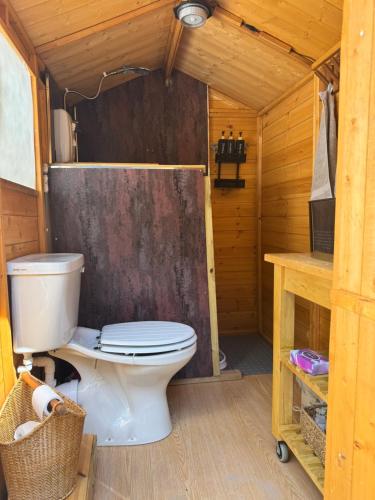 a bathroom with a toilet in a wooden cabin at The Pip and Lantern in Rye