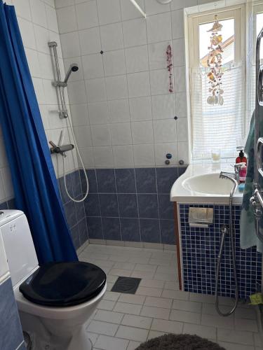 a bathroom with a black toilet and a sink at Charming, quiet apartment in Kvissleby