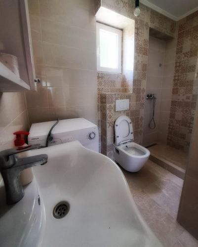 a bathroom with a sink and a toilet at Family Nature Escape in Malešići