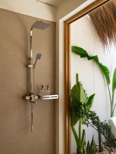 a shower in a bathroom with a mirror and plants at Villa Xana - Private pool - SOFT OPENING in General Luna