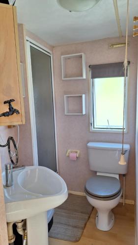 a small bathroom with a toilet and a sink at Mobile-home 4, 6 places in Quédillac