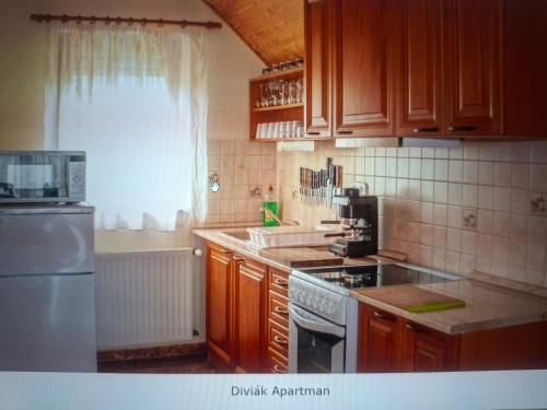 a kitchen with wooden cabinets and a stove top oven at Diviák Apartman in Zalaszentmihály