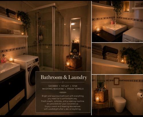 a collage of pictures of a bathroom with a toilet and sink at Charming apartment with two bedroms and beautifull sea view in Fauske in Fauske