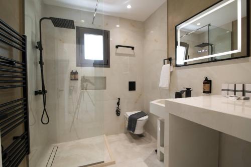 a bathroom with a shower and a toilet and a sink at Glamour Residences 3-4 by CorfuEscapes in Análipsis