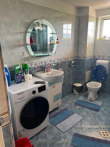 a bathroom with a sink and a toilet and a mirror at Vila Nana in Râmnicu Vâlcea
