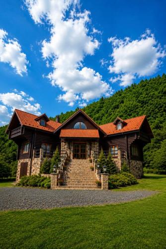 a house with a mountain in the background at Rustic Cottage in Sibiu