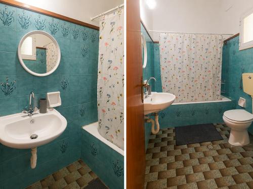 two pictures of a bathroom with a sink and a toilet at Eftichia Apartment in Roda