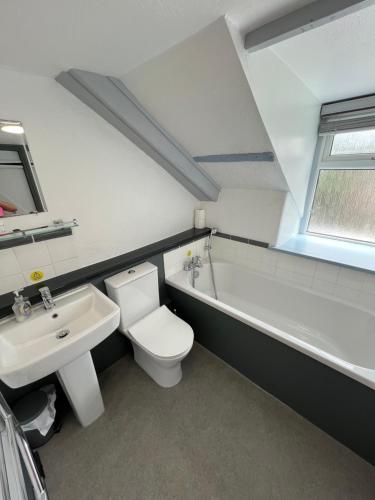 a bathroom with a toilet and a sink and a bath tub at The Fourways Inn in Saint Minver
