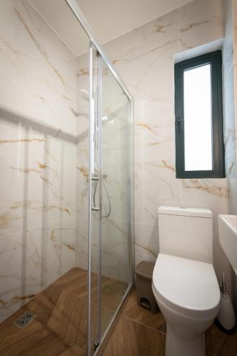 a bathroom with a toilet and a glass shower at Electra Residence - Central Duplex Penthouse in Marsalforn