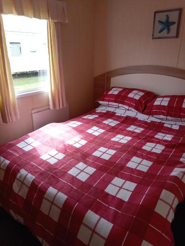 a red and white plaid bed in a bedroom with a window at Elli-Roo's cabin in Hartley