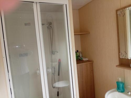 a bathroom with a shower and a sink at Elli-Roo's cabin in Hartley