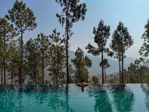 a person in a pool with trees in the background at Dhensa Resort in Punākha