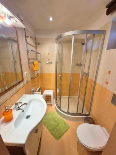 a bathroom with a sink and a shower at Apartmán Donovaly Mišuty 586 in Donovaly