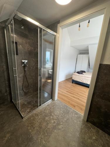 a walk in shower in a room with a bedroom at Bodenseeapartments in Friedrichshafen